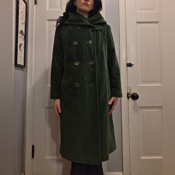 VTG 70s Emerald Green Faux Fur Collar Corduroy Double Breasted Coat Size Small - Picture 4 of 16